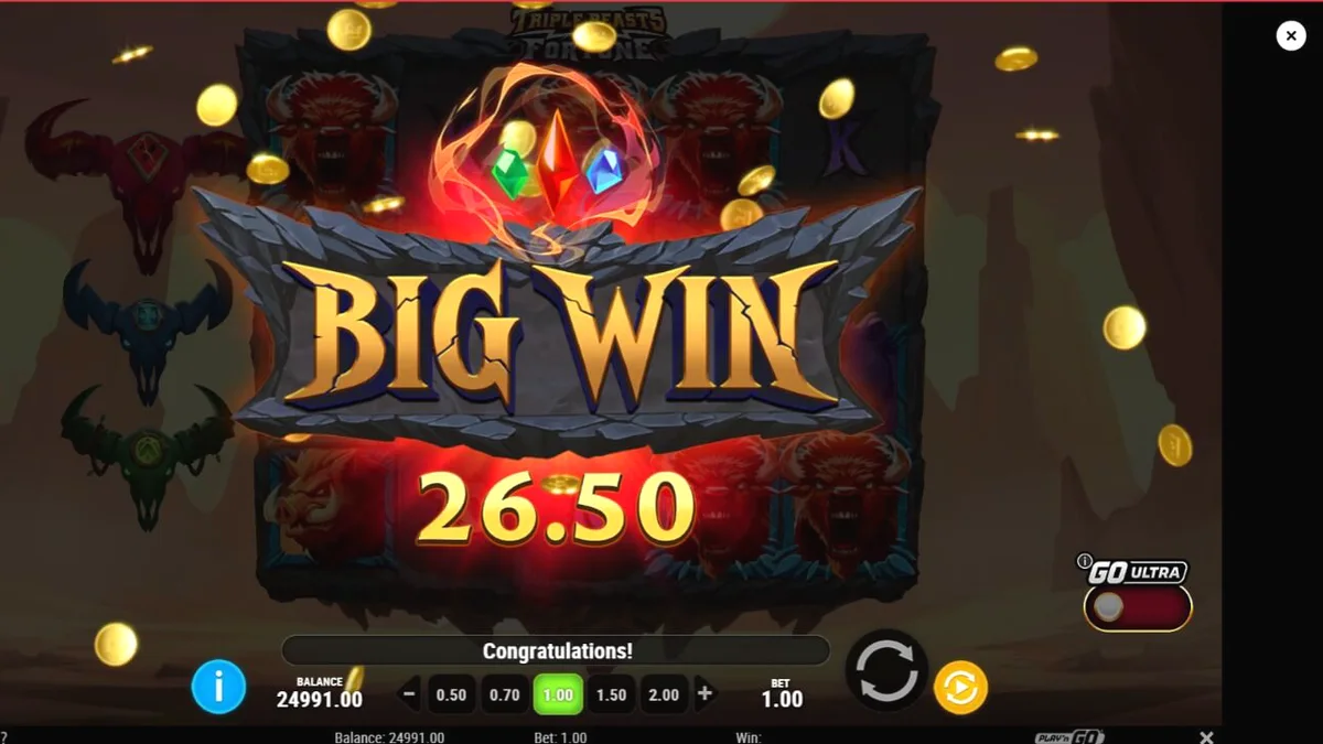 Tampilan visual slot Triple Beasts of Fortune dengan latar belakang ngarai dan simbol hewan totem.