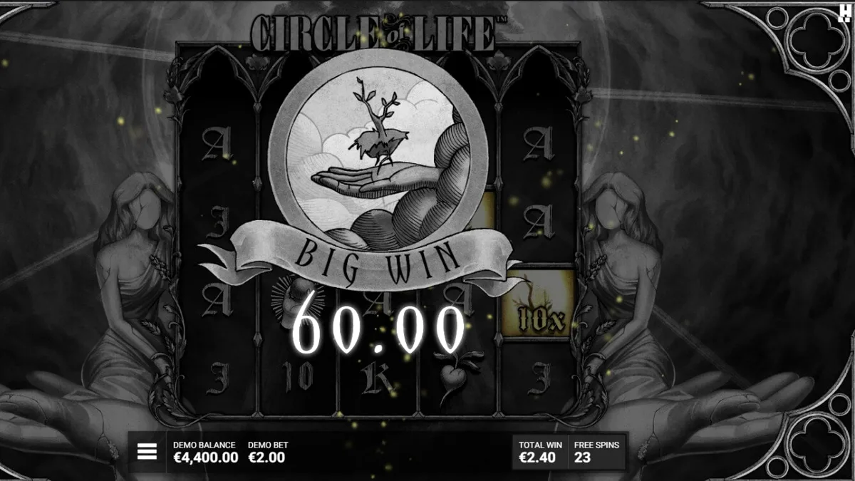 Tampilan visual slot Circle of Life dengan estetika monokrom dan pohon kehidupan.