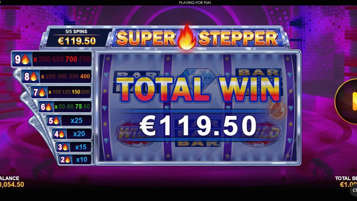 Tampilan visual neon ungu dari slot Super Stepper dengan fitur Multiplier Ladder.
