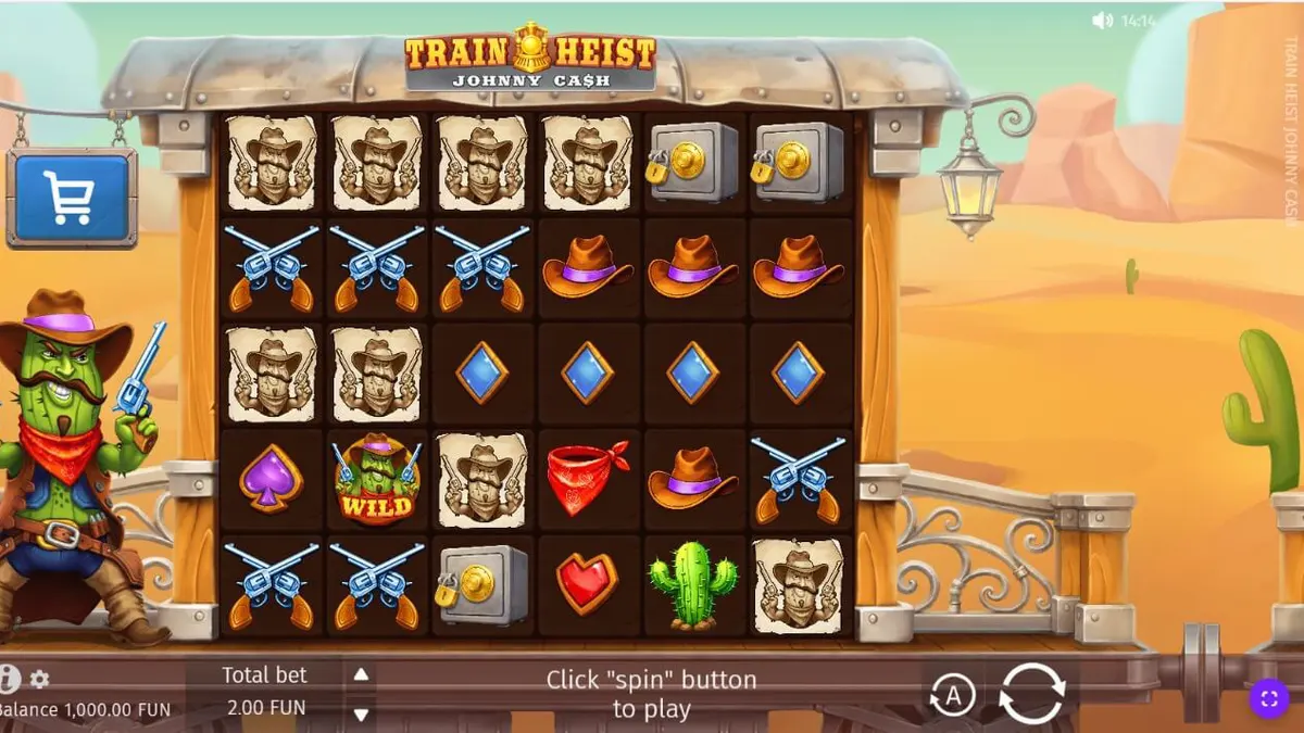Tampilan visual permainan slot Train Heist Johnny Cash dengan tema koboi dan kereta api